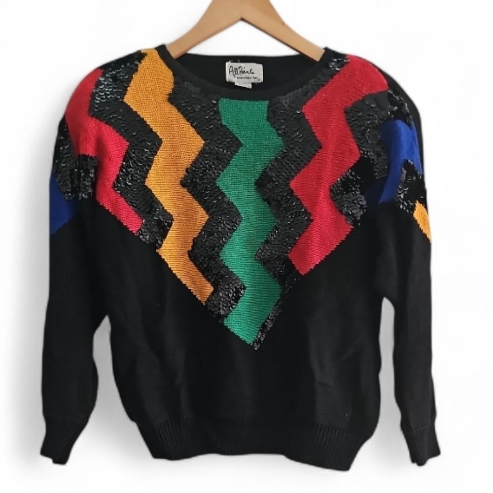 Vintage 80s Sequin Zigzag Sweater Women’s L Color… - image 1